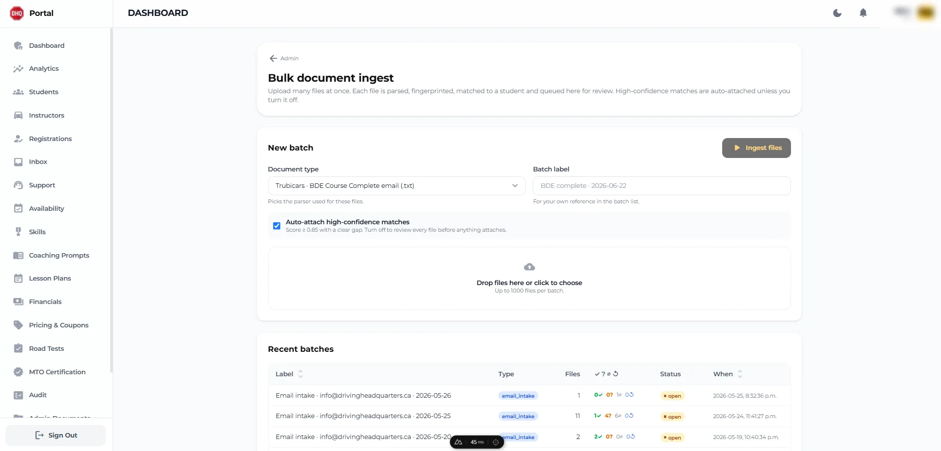 Bulk document ingest — upload many files at once; each is parsed, fingerprinted, matched to a student and queued for review.