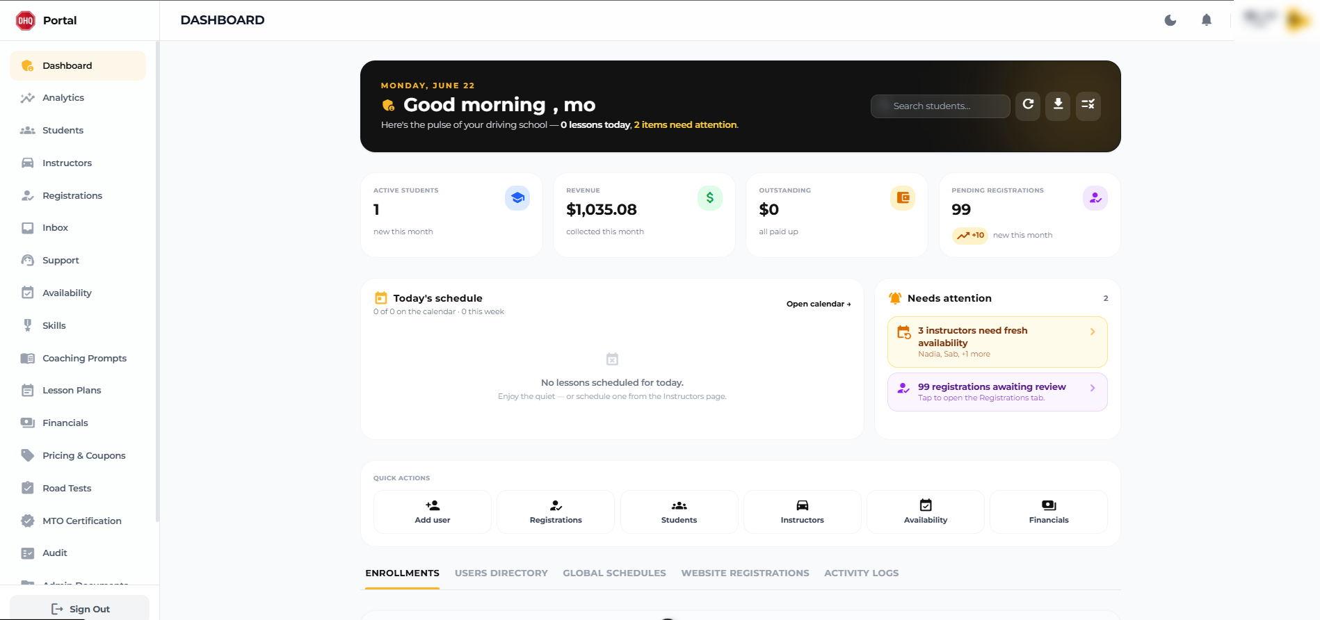Admin dashboard — revenue, balances & what needs attention