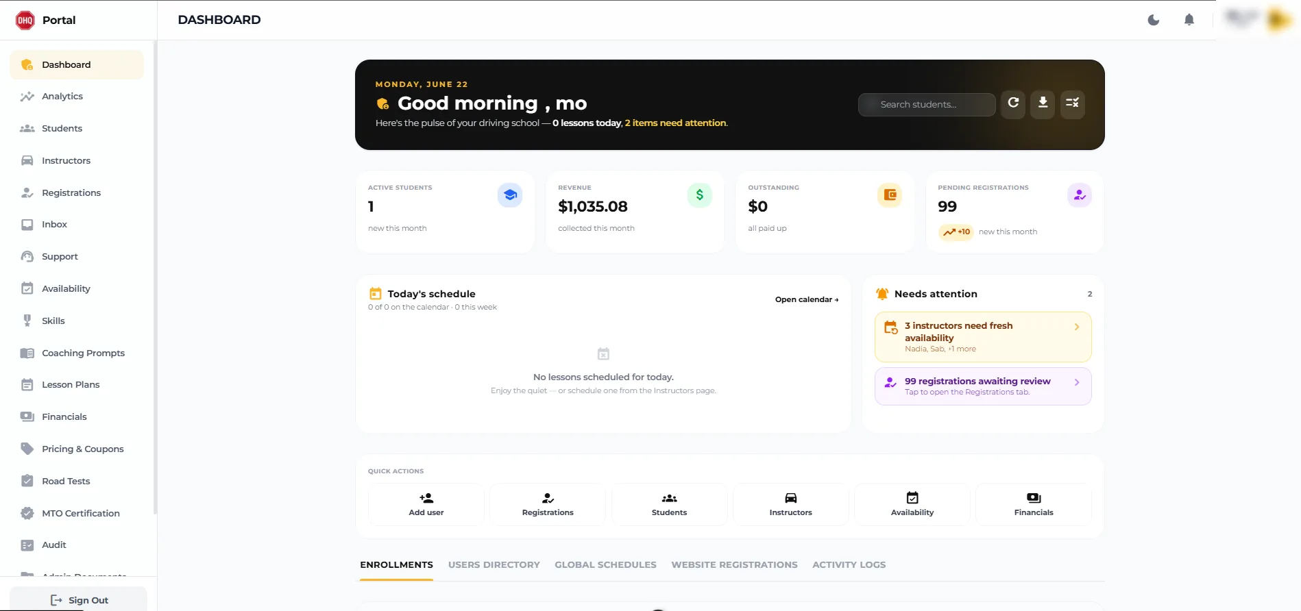 Admin dashboard — revenue, balances & what needs attention