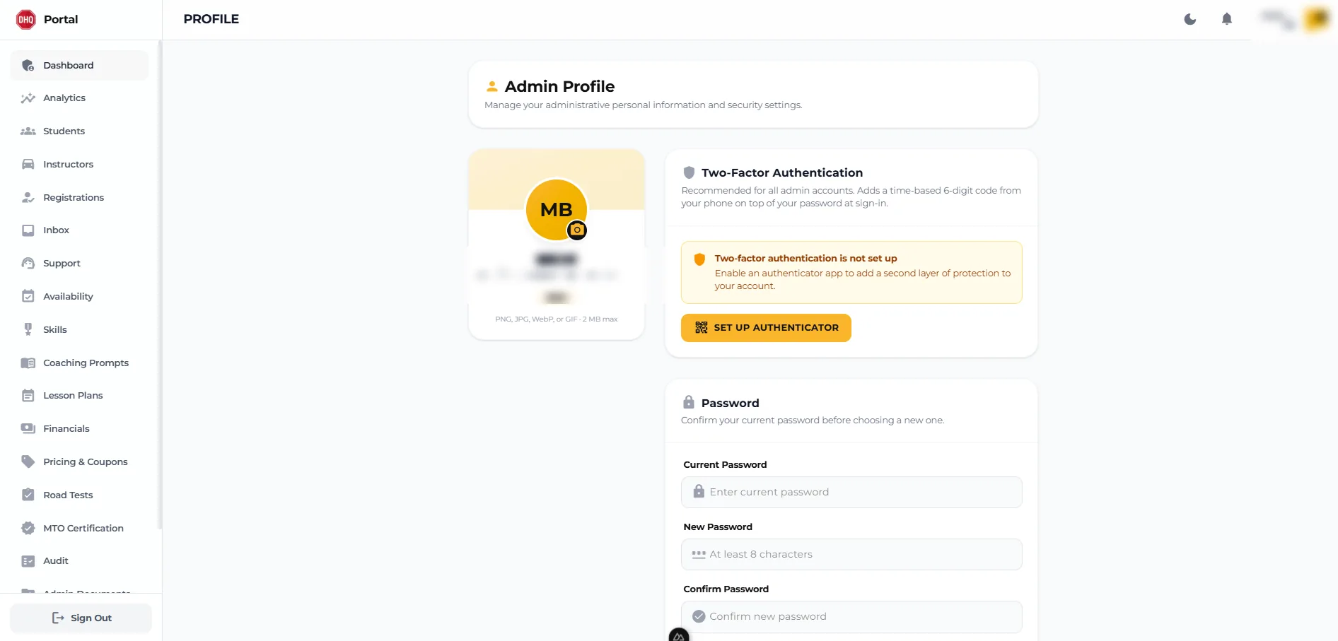 Admin profile — TOTP two-factor enrolment and password management for staff accounts.