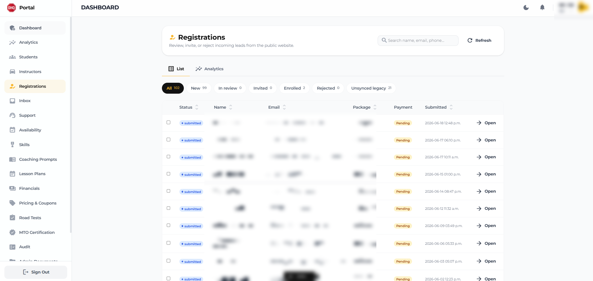 Registrations — public-site leads triaged to enrolment (PII redacted)