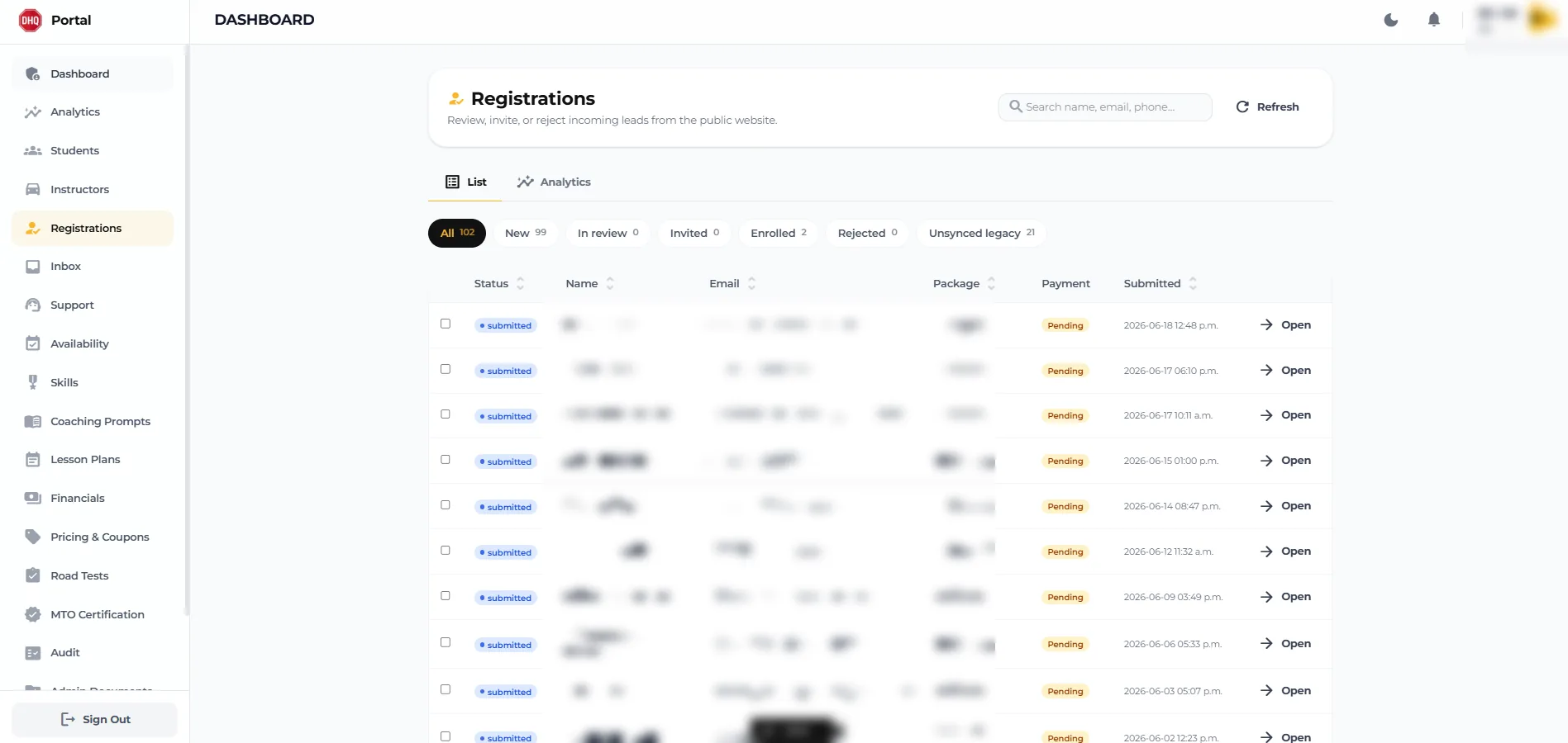 Registrations — public-site leads triaged to enrolment (PII redacted)