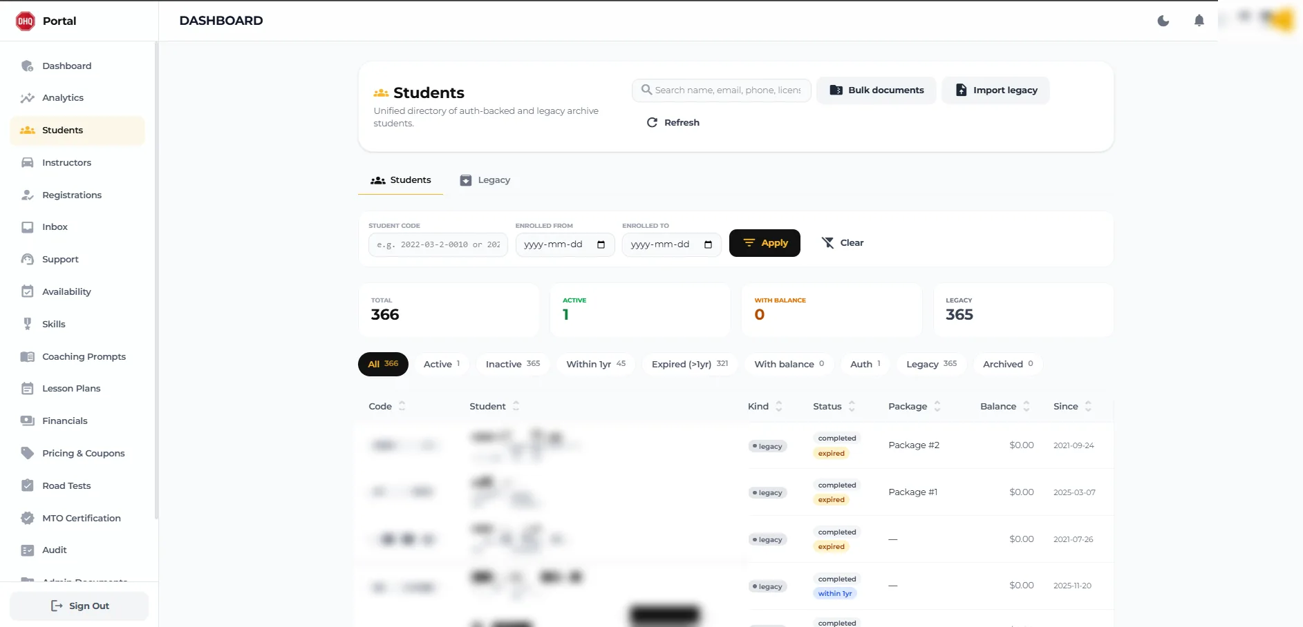 Student directory — a unified view of auth-backed and legacy-archive students with status, package and balance filters.