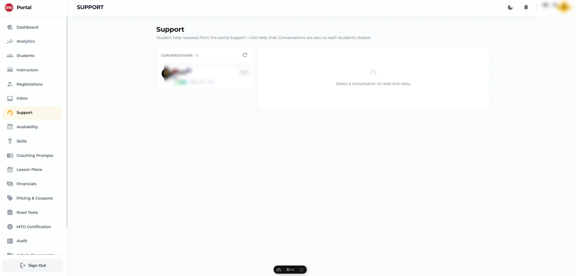 Support — student help conversations from the portal, mirrored onto each student’s dossier.