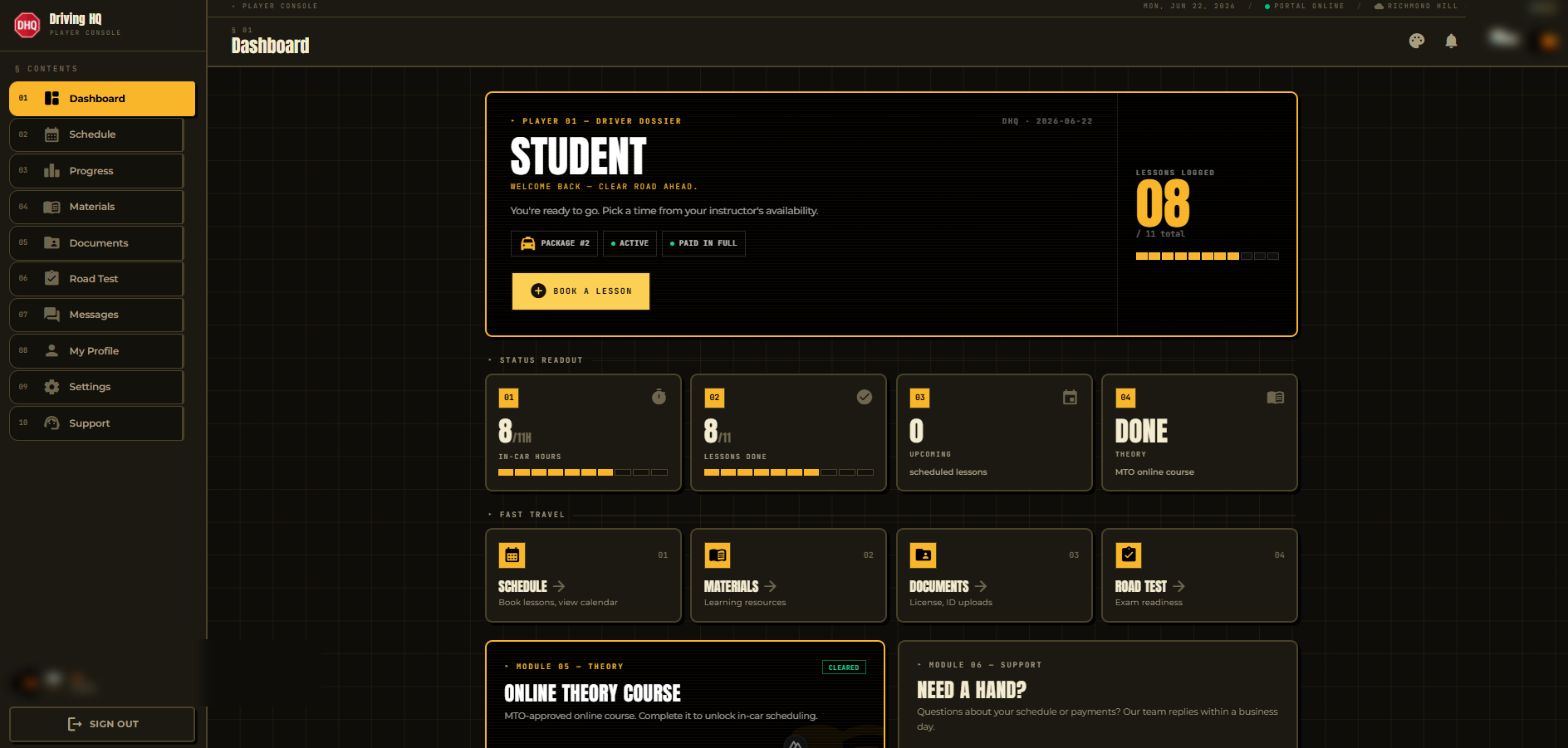Student console — the gamified “driver dossier” dashboard