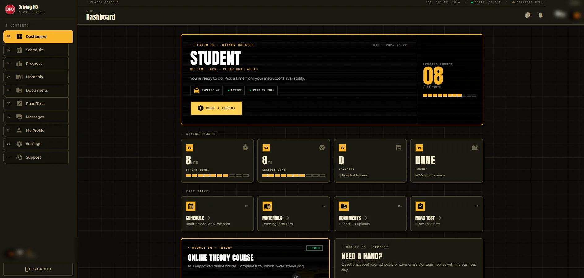 Student console — the gamified “driver dossier” dashboard