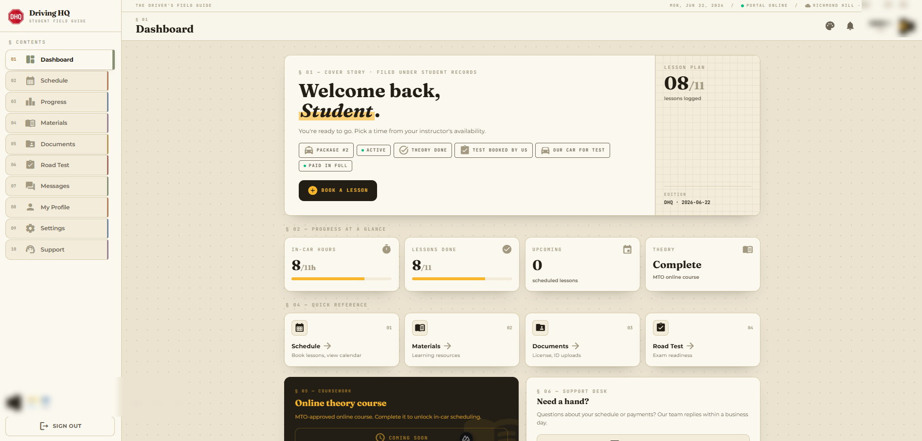 Student console, themed — the dashboard is fully themeable
