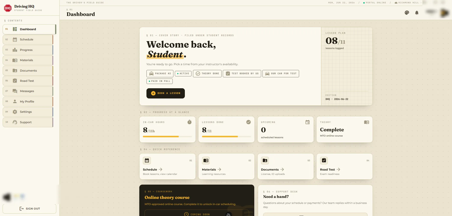 Student console, themed — the dashboard is fully themeable