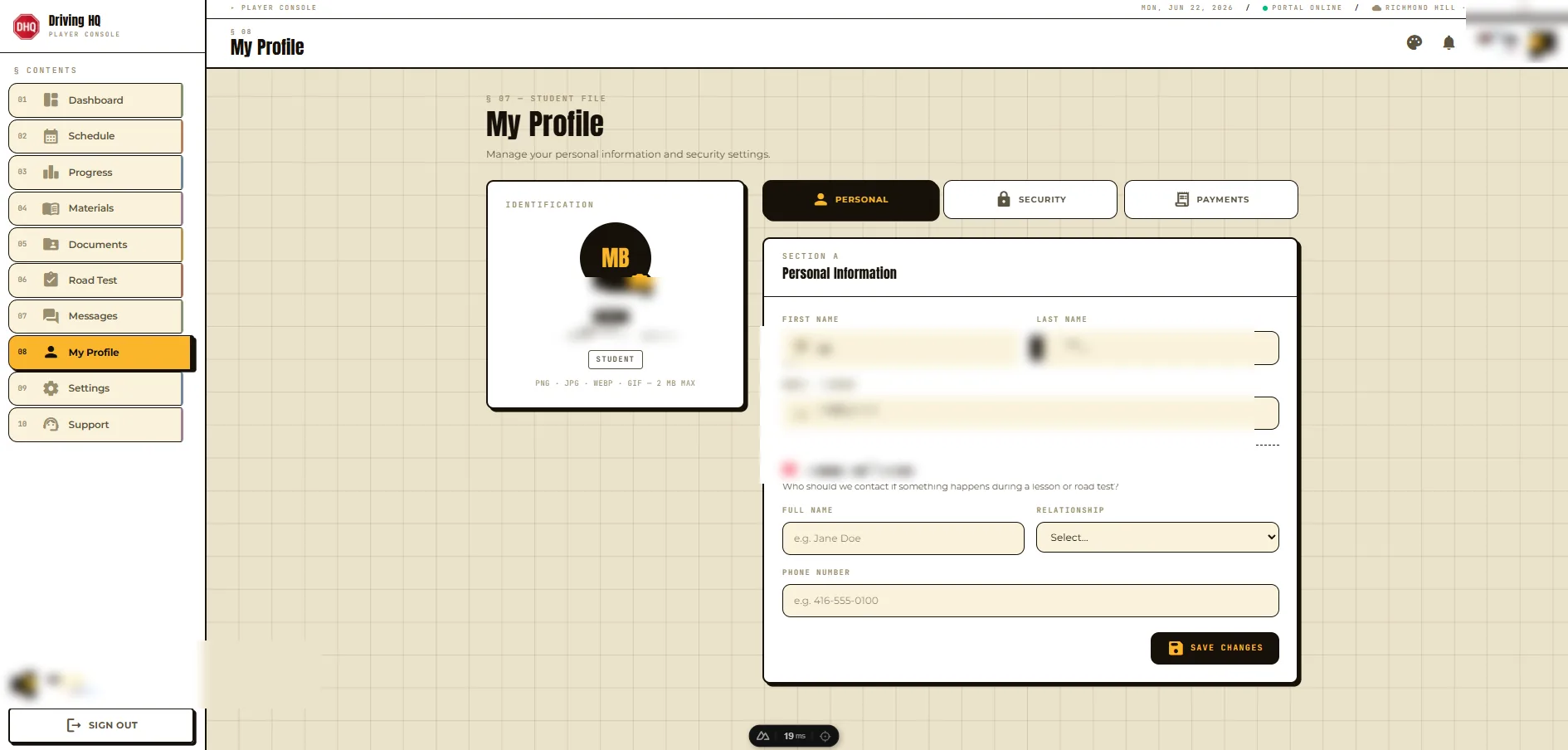 Student profile — personal info, emergency contact and security settings (all personal data redacted here).