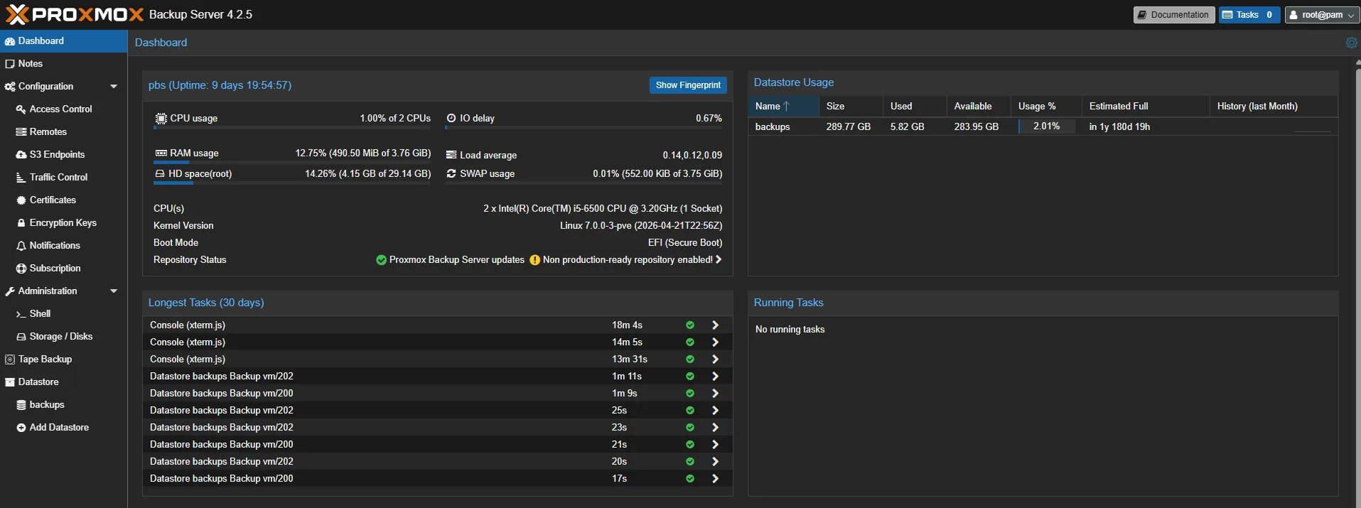 Backup Server — a 290 GB datastore on a dedicated node, with the router and manager VMs backing up nightly.