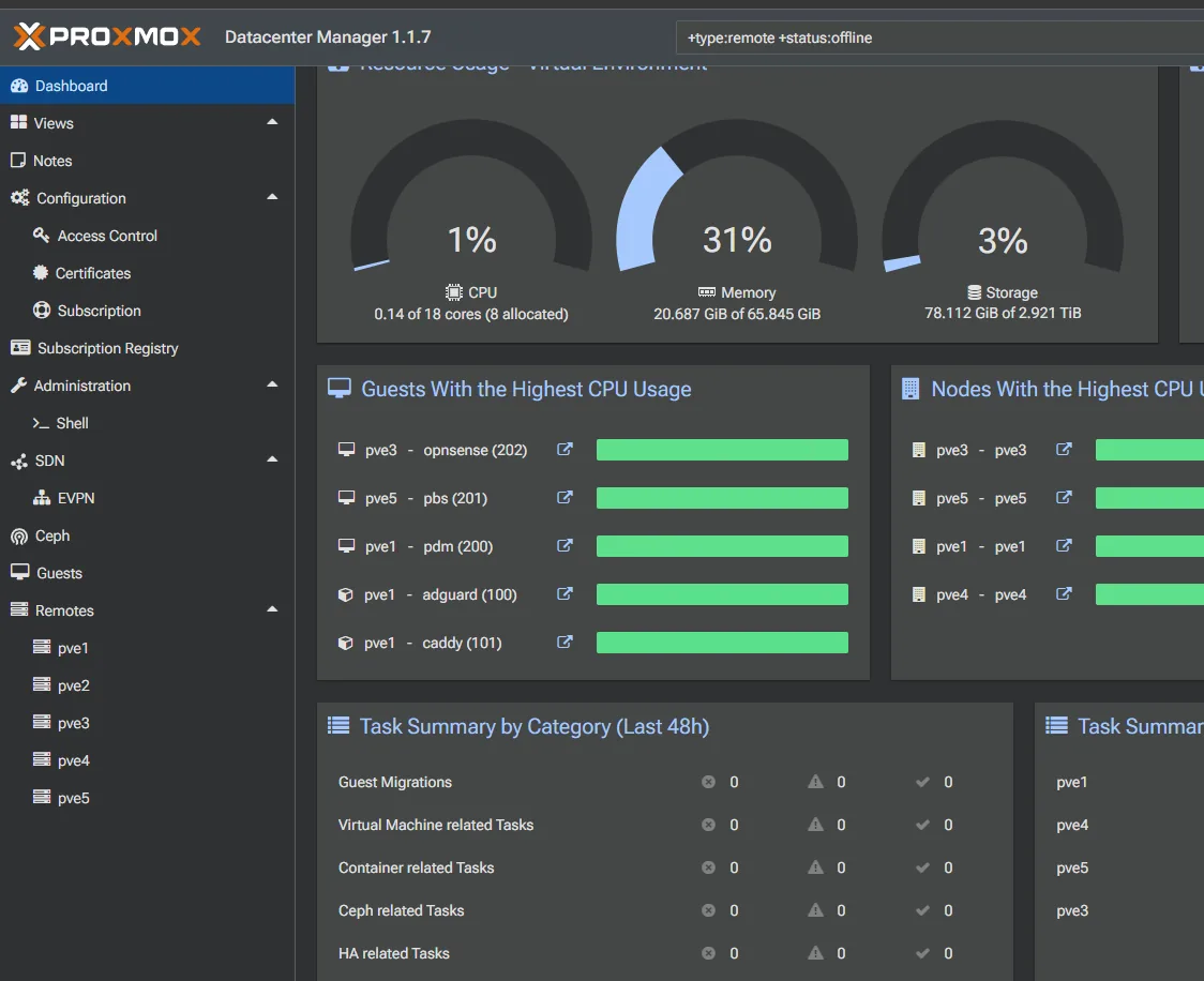 Datacenter Manager — five standalone nodes and every guest in one view, with none of the quorum a cluster would demand.