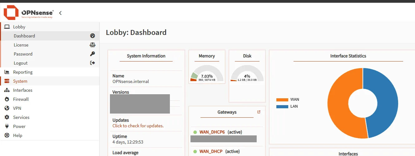 OPNsense — the lab’s own gateway. WAN and LAN ride physically separate NICs; the gateway address and version detail are redacted.