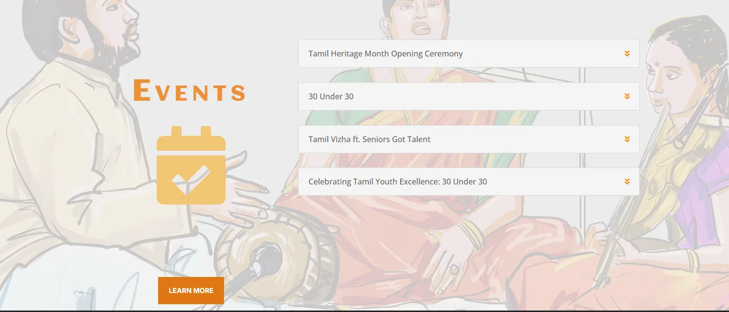 Events section — the January programme as an expandable Divi listing